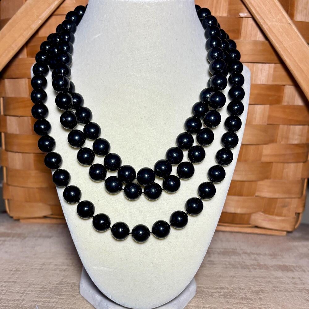 Black Glass Triple Strand Beaded Necklace Vintage Statement Jewelry
